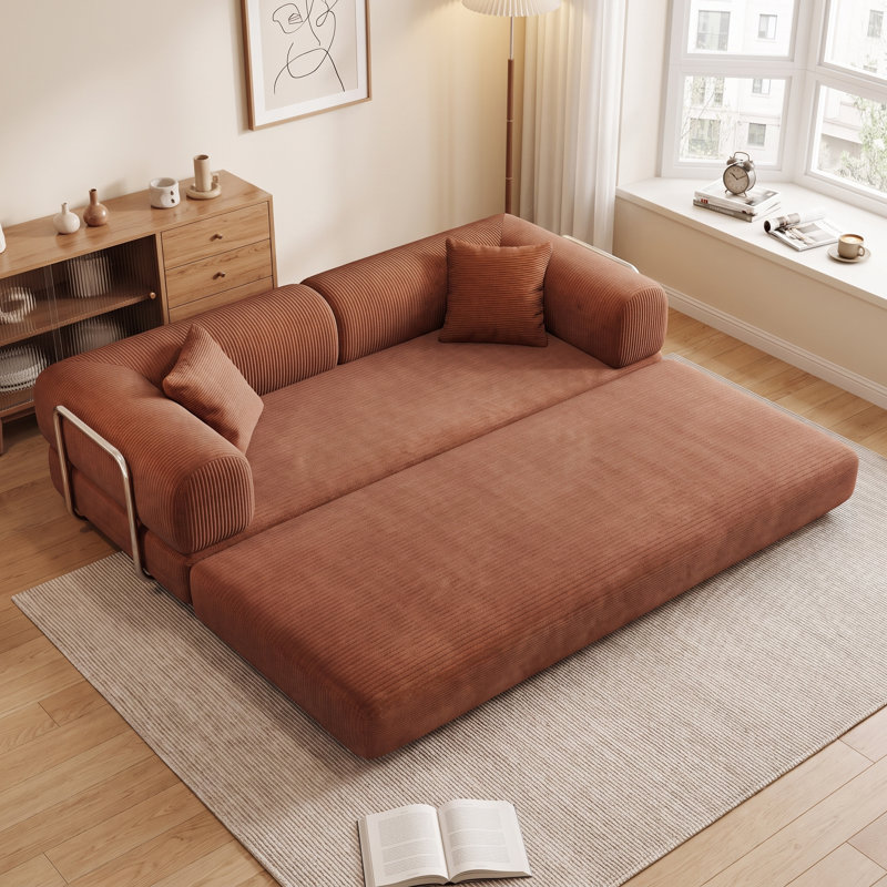 Corduroy Upholstered Sofa Convertible Sleeper Sofa Bed Queen Floor Couch With 2 Pillows And Fixed-Shape Frame - No Assembly Required