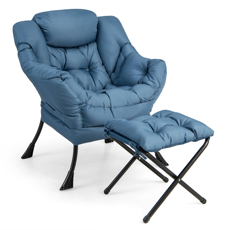 Mumtas Upholstered Armchair with Ottoman, Blue Polyester Blend