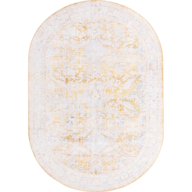 Tapis oriental jaune / ivoire / bleu clair Saphira, Ovale 7 pi 6 po x 10 pi 6 po