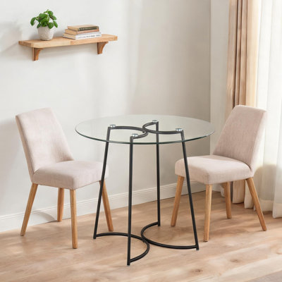 Table de salle à manger ronde en verre avec base en acier noir - 4 places, 35 de largeur pour la cuisine ou le coin-repas