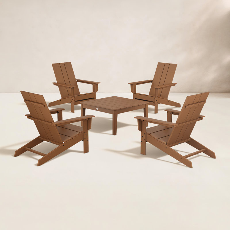 POLYWOOD® x 4-Person Oversized Adirondack Patio Seating Group with Newport Chat Table, Teak