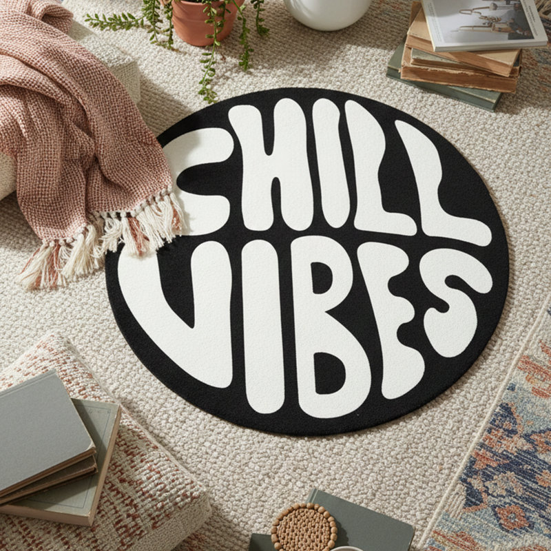 "Chill Vibes" Retro Typographic Round Cotton Area Rug, Round 3'11"