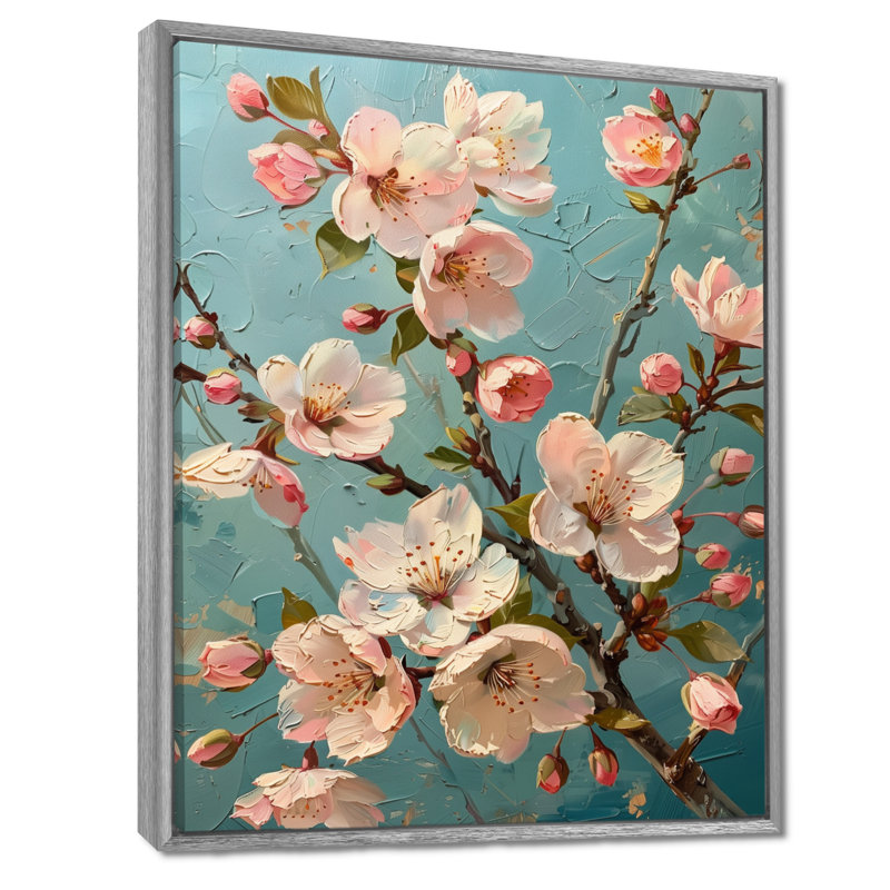 Fleur de cerisier rose - impression d'art mural, Toile argentée avec cadre flottant, H 34 po x l 44 po x P 1,5 po