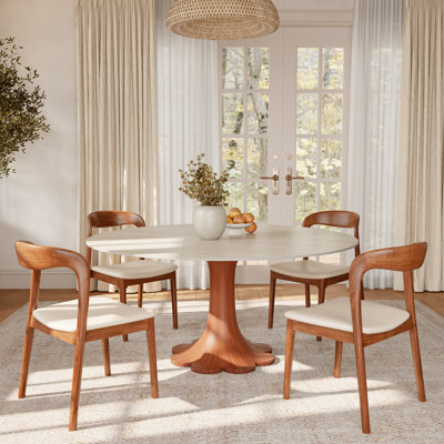 Floral-Shape Round Difranco With 2/4/6 Premium Solid Wood Leather Dining Chairs