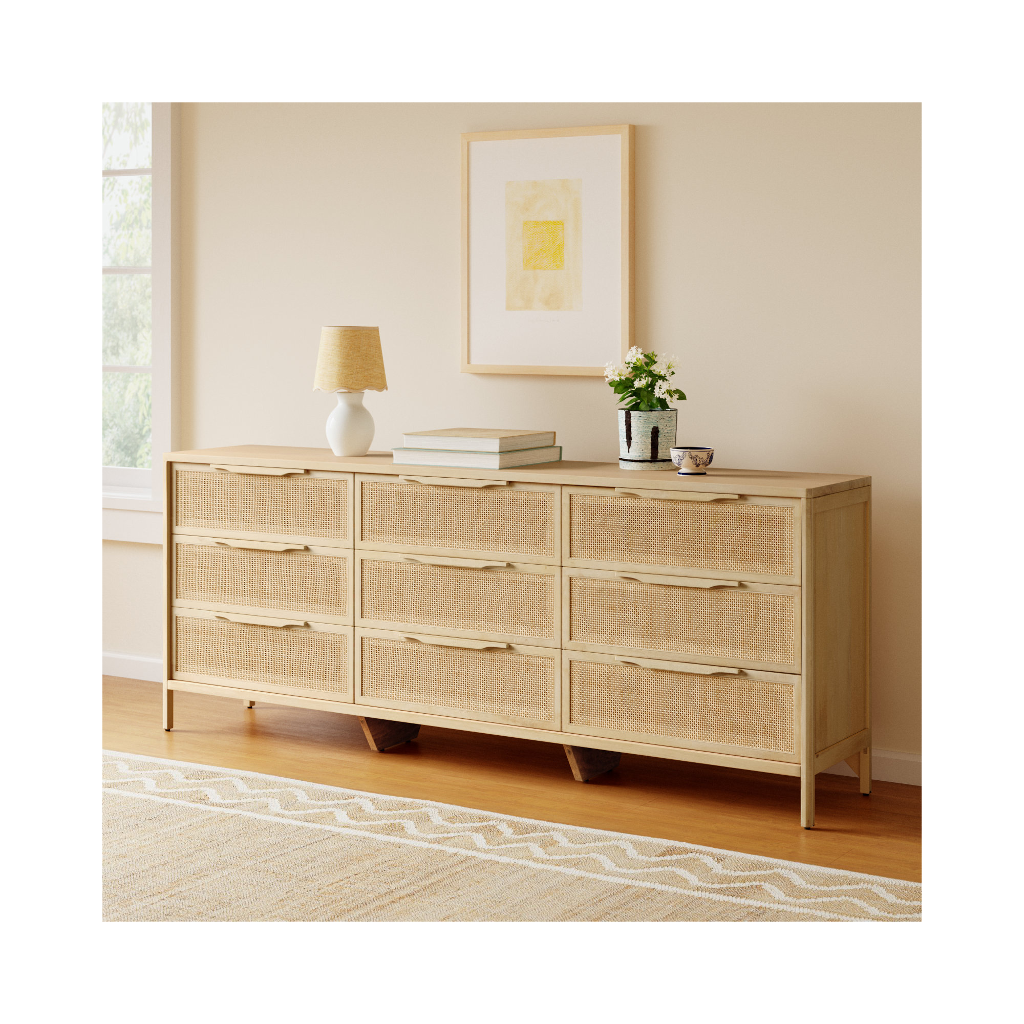 Nellie 9 Drawer Cane Dresser, Natural Mango