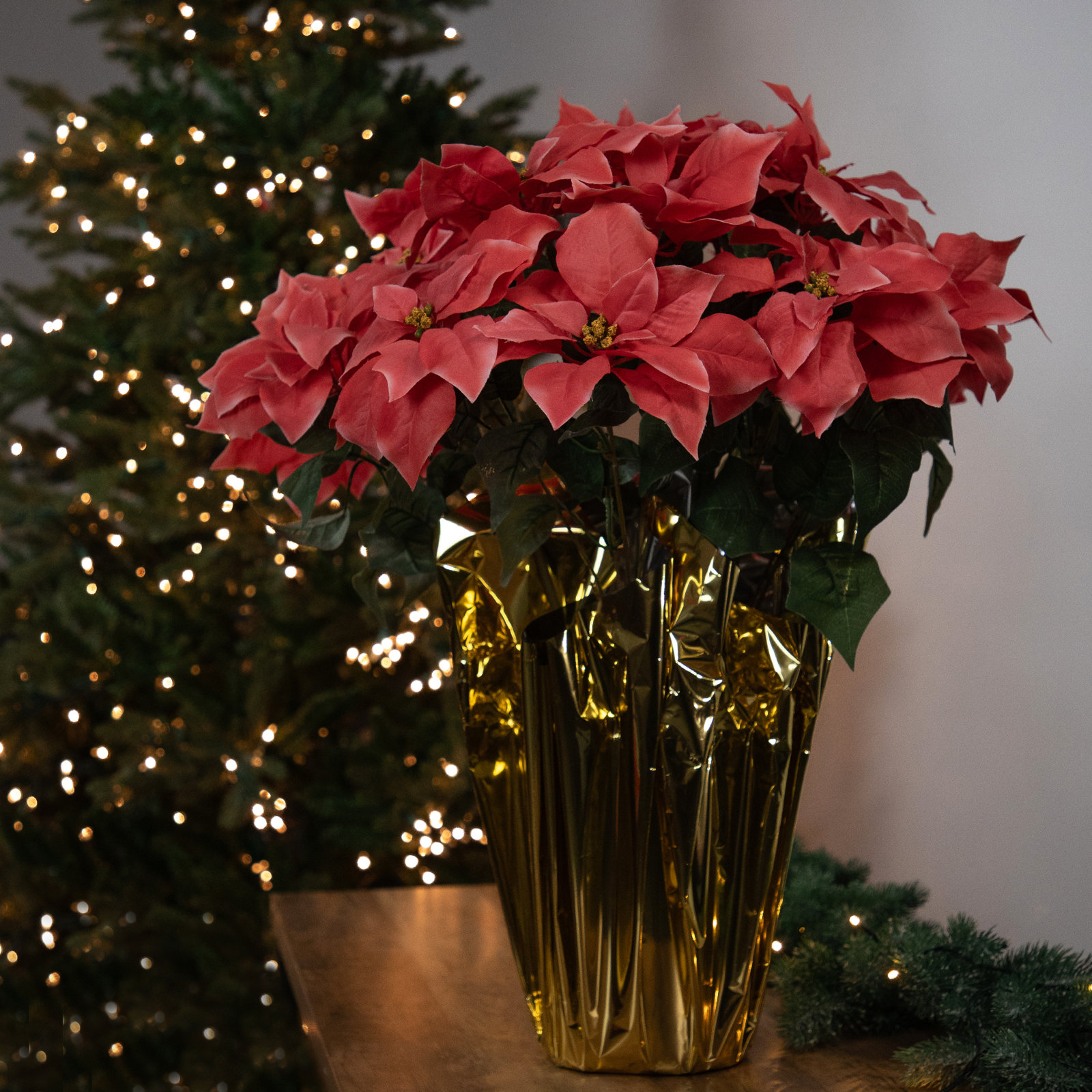 Poinsettia Arrangement, Pink, Gold, 28" H x 18" W x 18" D