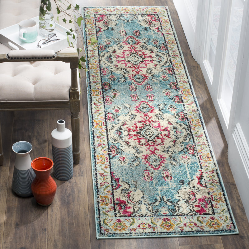 Almyra Oriental Area Rug, Runner 2'2" x 10', Light Blue/Fuchsia