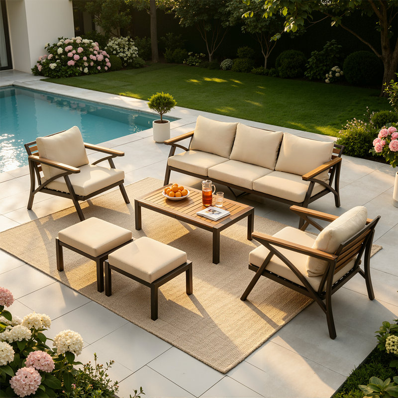 Ensemble de conversation de patio 6 pièces avec détails en bois d'acacia, canapé 3 places, 2 fauteuils, 2 repose-pieds et table basse