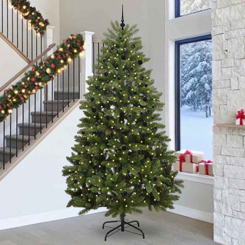 Artificial Christmas Tree with Stand Green PVC and Metal, Green, 150 cm, with Leds & Black Balls