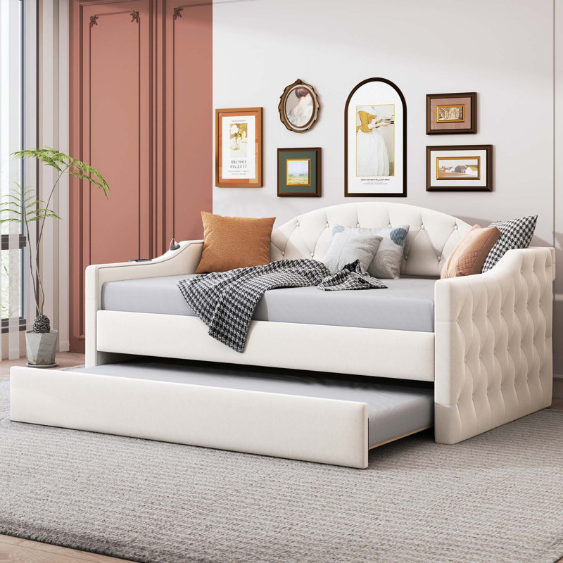Lit de jour capitonné capitonné avec couchette, Beige