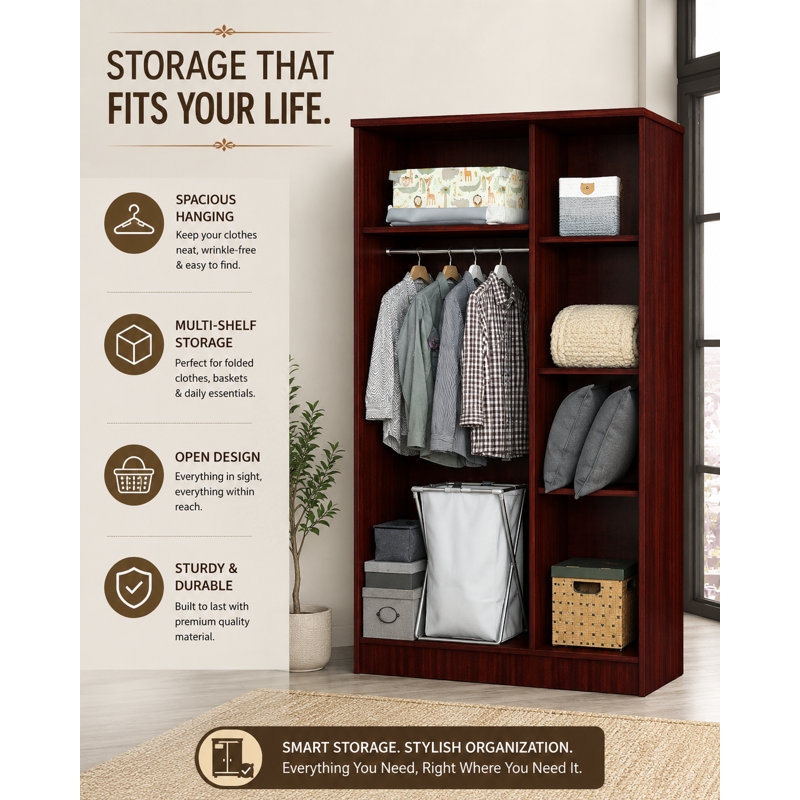 Garde-robe 3 portes avec tringle, tablettes et rangement - finition acajou, Acajou