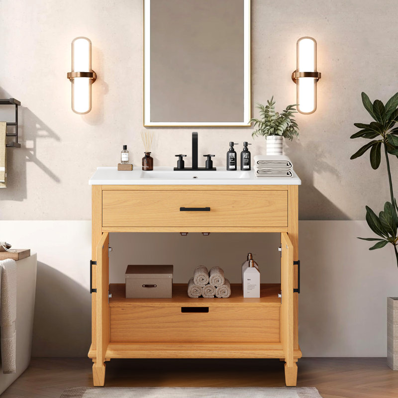 36'' Single Bathroom Vanity with Ceramic Top, Natural