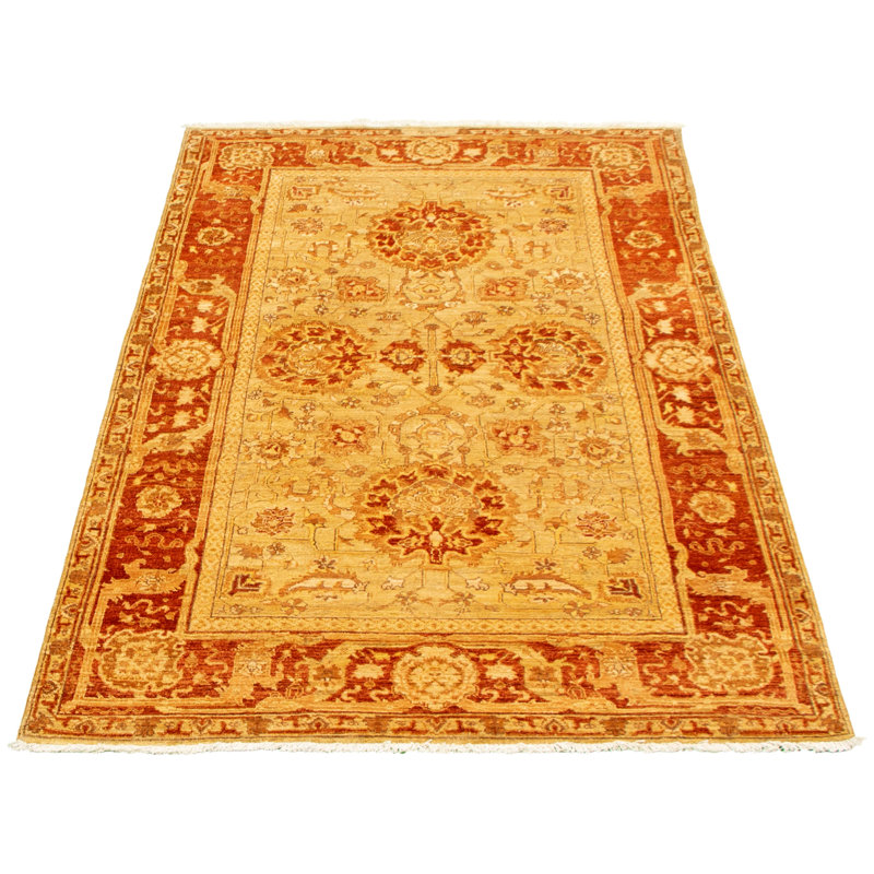 Tapis décoratif en laine rouge/kaki noué à la main New Age de conception unique 4 pi 7 po x 8 pi 1 po Devli