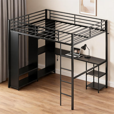 Lit mezzanine en métal avec bureau en L et garde-robe, tablettes de rangement peu encombrantes, garde-corps complets, lumières DEL, échelle robuste, chambre à coucher, noir