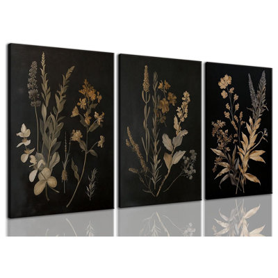 3 Piece Canvas Wall Art Wildflower Wall Decor Botanical Pictures Floral Paintings Moody Prints Dark Artwork