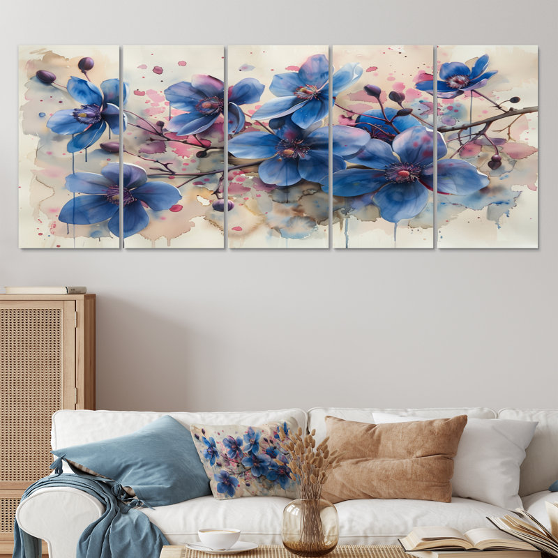 Blue Cherry Blossom Elegant Blooms - Ensemble de salon art mural cerisier en fleurs, H 32 po x l 80 po