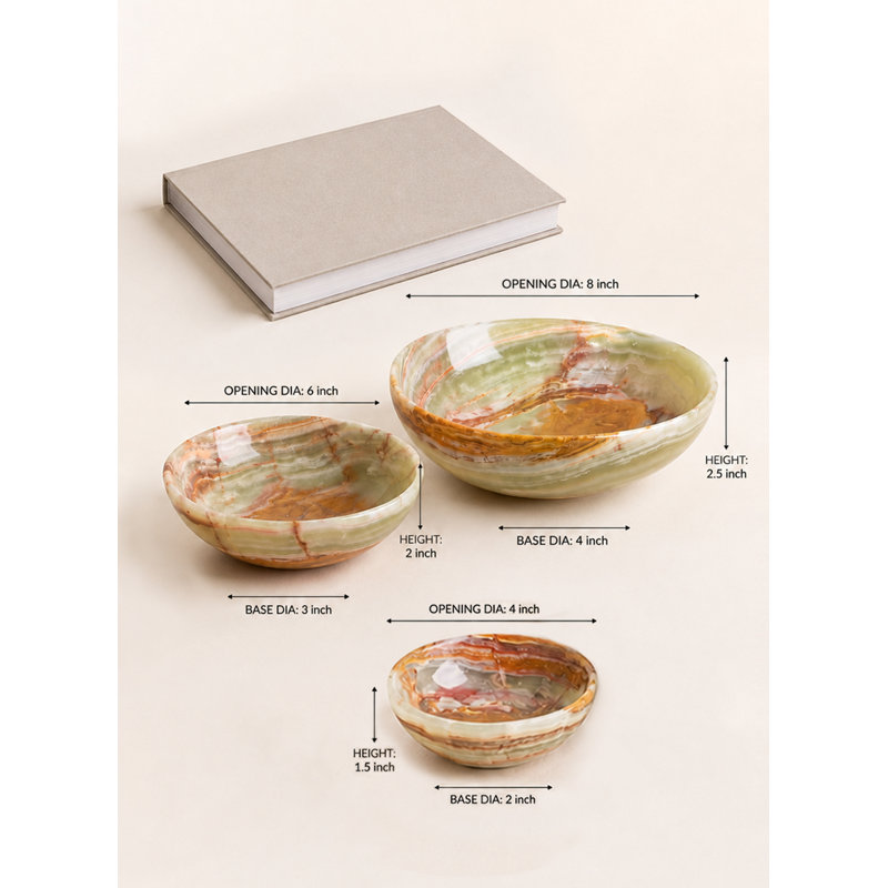 Natural Onyx Decorative Bowl, Handcrafted Multicolor Stone Catchall Vessel, Mineral Tabletop Accent for Coffee Table, Entryway, Shelf & Home Décor, 8" Diameter & 2.5" Tall
