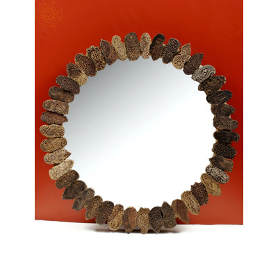 24" Vintage Wooden Printing Blocks Framed Mirror - Handcrafted Circular Rustic Wall Decor for Entryway Living Room