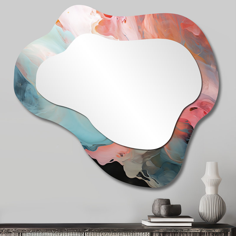Playful  Deep Pink  Sky Dance II - Liquid Ink Cloud Large Wall Mirror, Blue Asymmetrical Decorative Mirror, Printed Metal Art