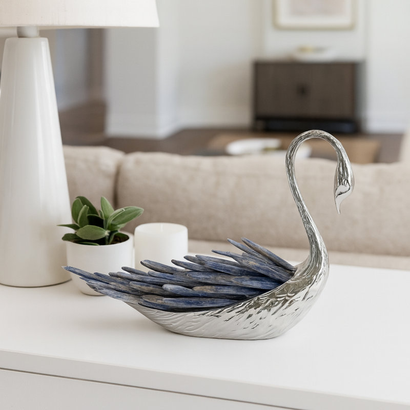 Sagebrook Home 6" Majesty Blue Kyanite Stone Sitting Metal Swan, 6" H x 6.5" W x 3" D