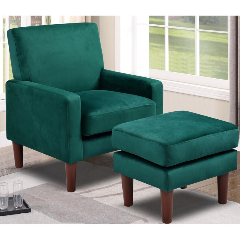 Amblewood Velvet Armchair with Footstool, Green