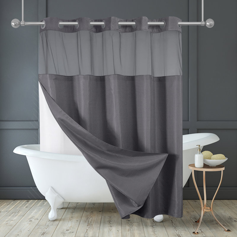  Rideau de douche 72x75 à motif gaufré sans crochet - Long rideau de douche résistant à l'eau avec panneau transparent, doublure à encliqueter et œillets