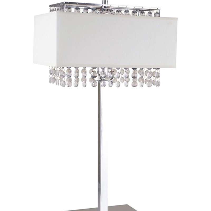 Lampe de table de 28 po en métal avec finition argentée, abat-jour blanc avec détails en cristal