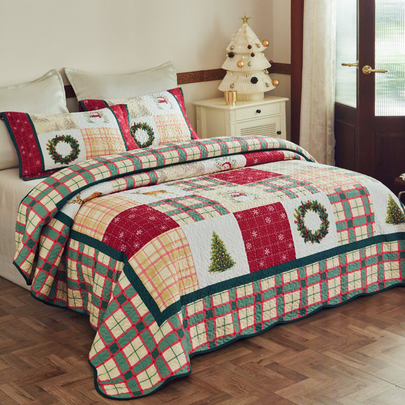 Vintage Christmas Plaid Patchwork Quilt Bedspread Set, Queen