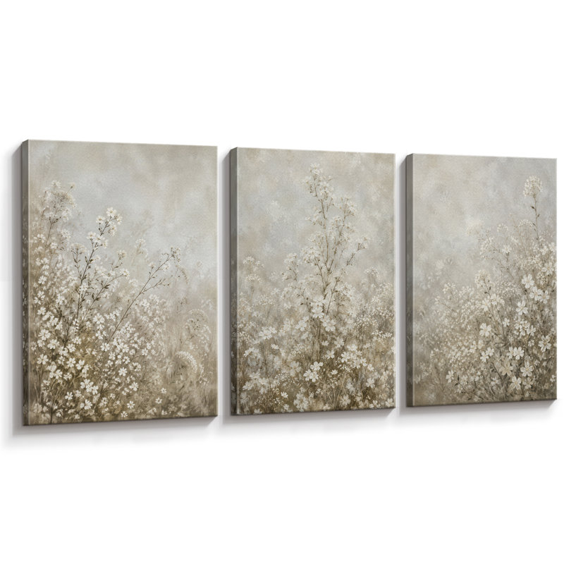 Paysage hivernal de fleurs sauvages aux tons neutres, tableau pour salon, impression giclée sur toile encadrée en 3 parties - 3 pièces de 40,6 x 61 cm et 3 pièces de 61 x 91,4 cm