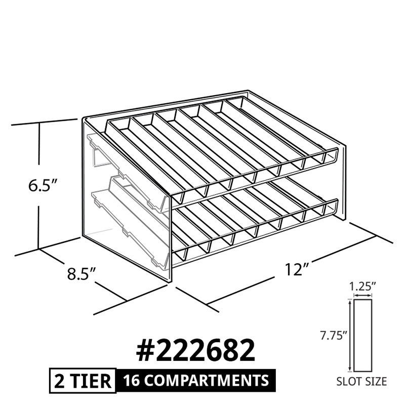 Présentoir à deux niveaux 16 compartiments, 8 pièces par niveau. Dimensions: l 12 po x P 8,5 po x H 6,5 po