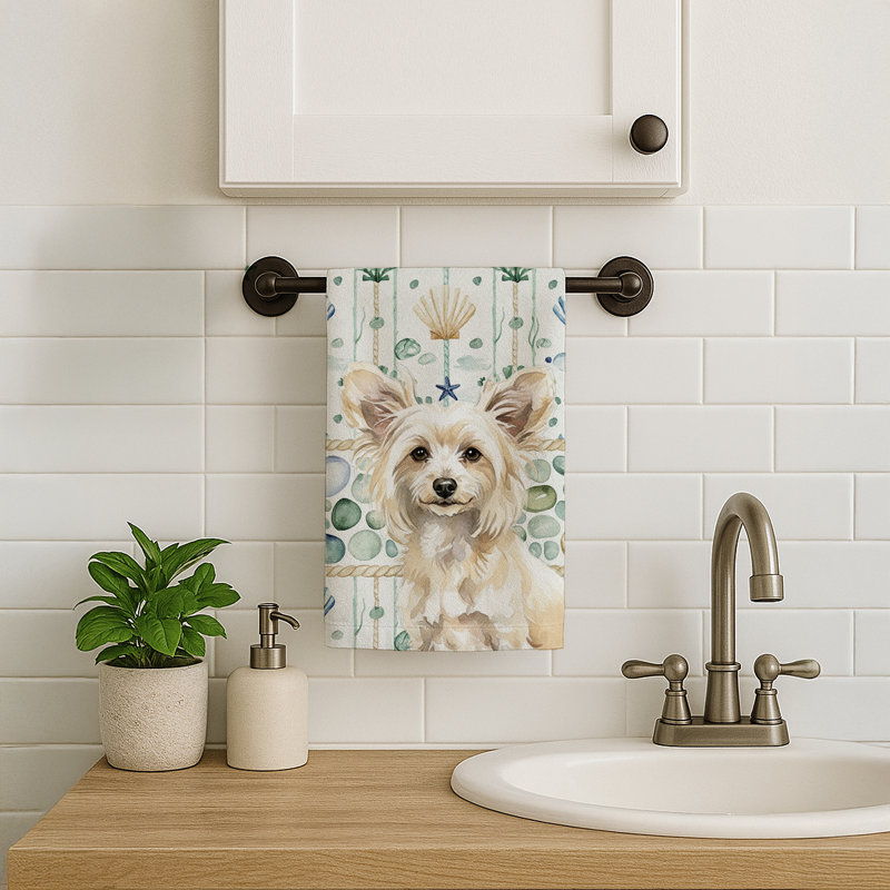 Powderpuff Chinese Crested Coastal Sea Glass Kitchen Towel, Powderpuff Chinese Crested