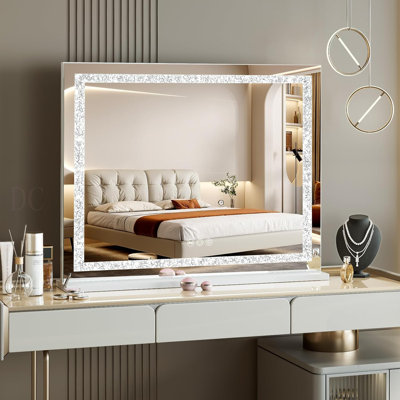 Vanity Mirror With Lights 31.5" X 22.8" Makeup Mirror With Crystal Light Strip And Hollywood Vanity Mirror Wtih Smart Touch Control 3 Colors Dimmable Light Strip & 10X Magnification