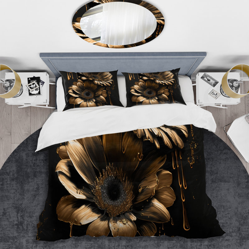 Black and Gold Daisy III - Ensemble de housse de couette à motif de marguerites florales - Microfibre de polyester