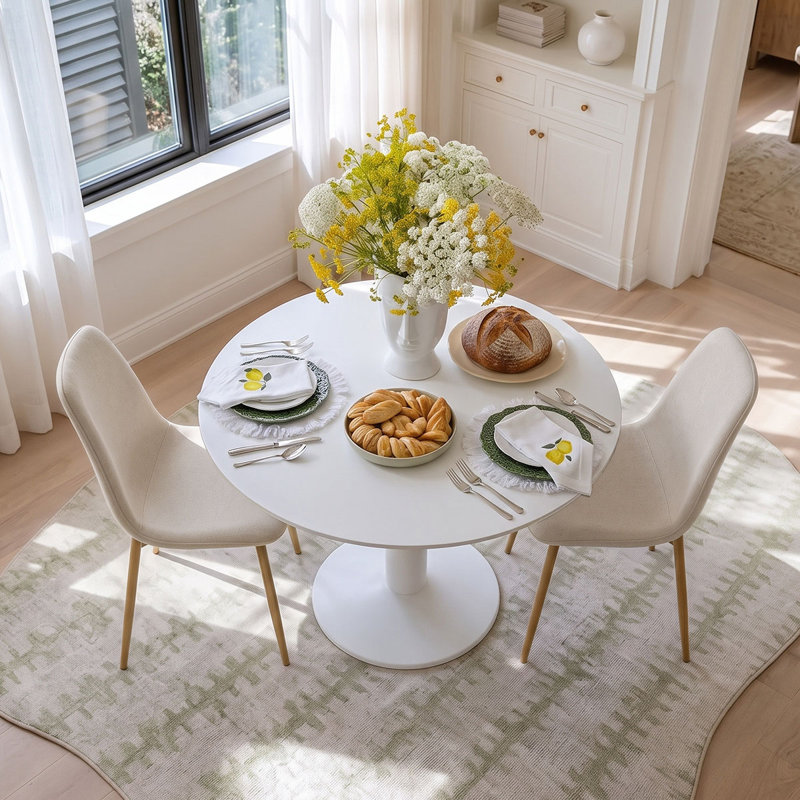 Ensemble de table de salle à manger pour 2 personnes avec table ronde et 2 chaises rembourrées en tissu, Beige