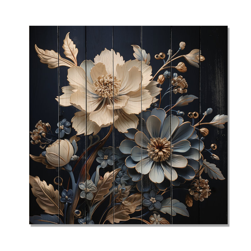 Impression moderne sur bleu et blanc avec fleurs de bleuet blanc - Bois de pin naturel, H 15 po x l 15 po