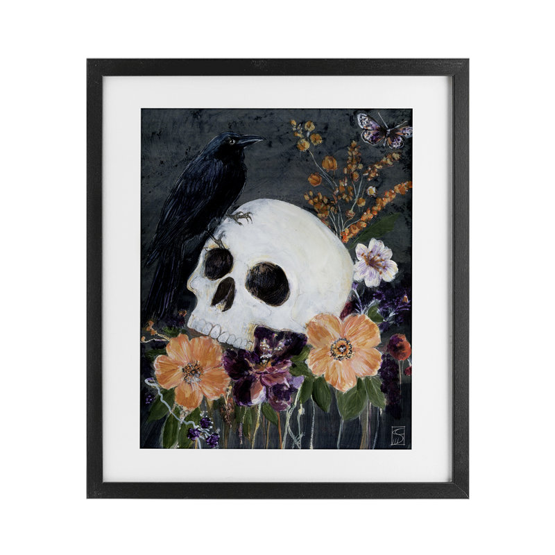 «Halloween Flowers & Skull», reproduction encadrée sous verre, design par Sara Culpepper, Cadre noir minuit