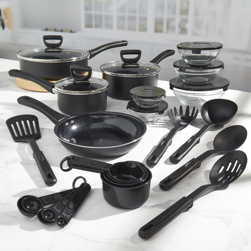 Basic Essentials 31-Piece Nonstick Aluminum Cookware Set with Lids and Cooking Utensils, Black, Black