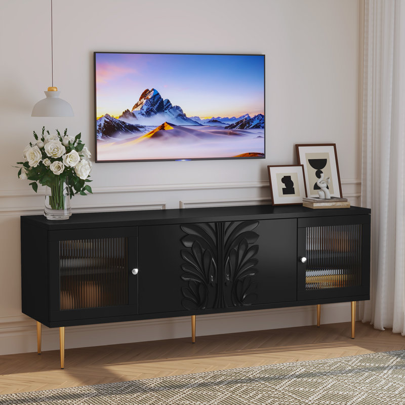 Console de télévision moderne avec motif de fleurs 3D pour téléviseurs de 70 po ou moins, Noir
