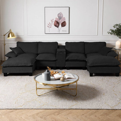 U-Shape Modular Cloud Couch Sectional Sofa with Cup Holders & Storage, USB Port, 2 Ottomans & 2 Pillows, Soft Chenille Fabric for Living Room & Apartment