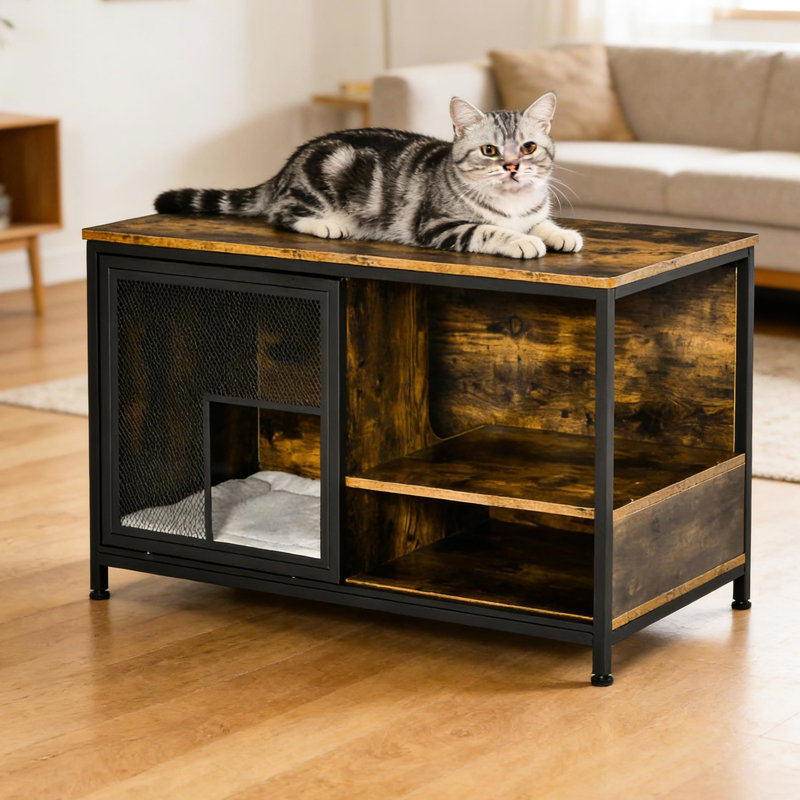 Maison d'intérieur pour chat, style table de bout, panneau en acier à motif de patte, coussinets réglables, noir, capacité de 10 lb
