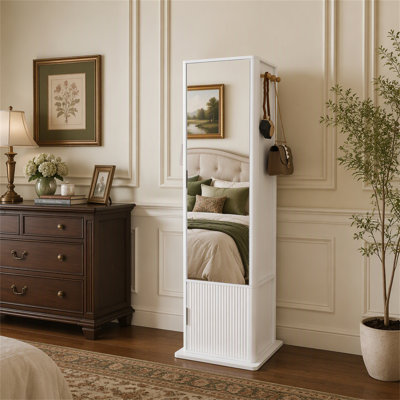 360° Rotating Makeup Cabinet, Jewelry Cabinet With A Full-Length Mirror, Standing Storage Cabinet With A Coat Rack, 4 Layers Of Open Shelves And 2 Layers Of Built-In Shelves
