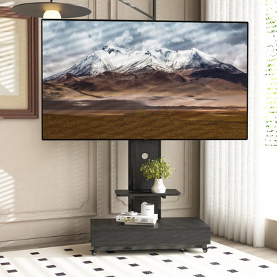 Meuble télé pour téléviseur de 32 à 75 pouces, chariot mobile noir avec tiroir coulissant et roulettes verrouillables, 30 tablettes réglables verticales à gauche et 10 à droite, salon de bureau pour chambre à coucher, roulettes faciles