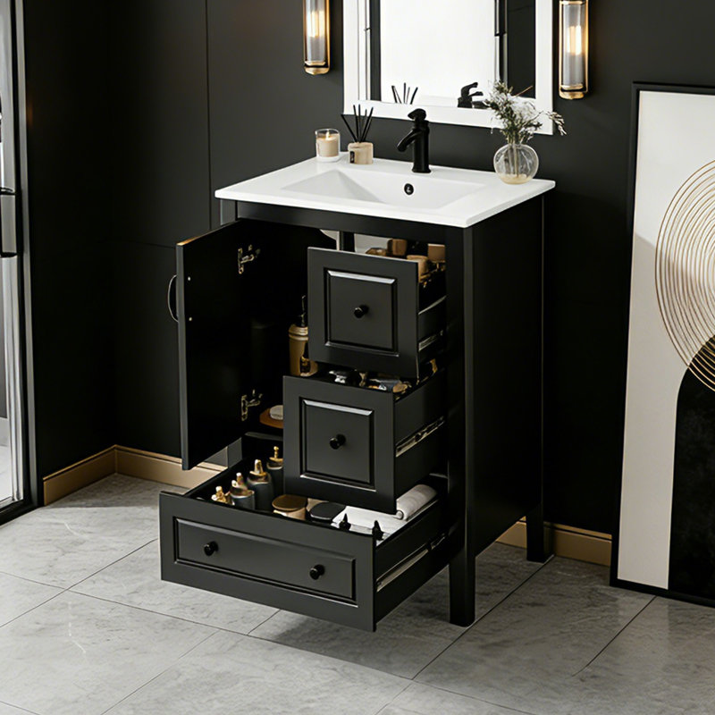 Meuble-lavabo moderne de 24 pouces avec lavabo, 1 armoire avec porte à fermeture douce et 3 tiroirs à fermeture douce, Noir