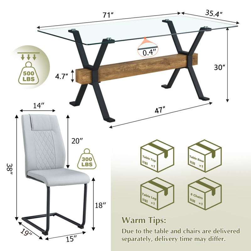 7-Piece Glass Top Dining Table Sets, Black/Light Gray, 122 cm H x 81 cm W