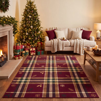 Tapis de Noël Alacati à carreaux modernes bordeaux, or et crème, antidérapant, à poils courts, pour intérieur et extérieur, adapté aux animaux domestiques, salon, chambre, salle à manger, entrée, couloir, bureau, tapis de Noël, paillasson de fête, lavable