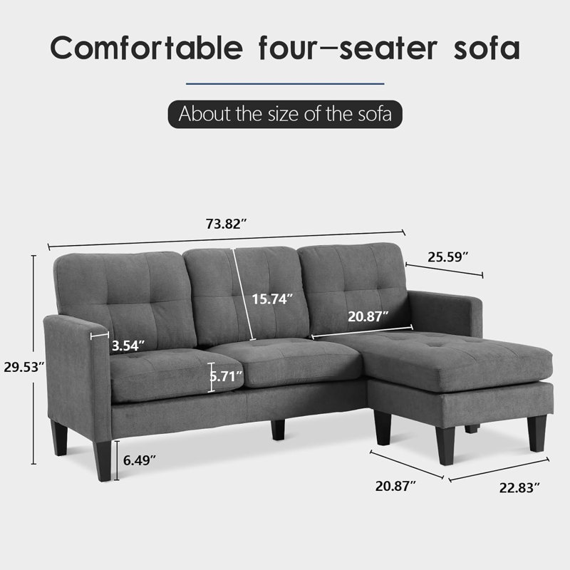 L-Shaped Sofa With Reversible Chaise, Convertible Couch With Washable Covers, Compact Living Room Furniture For Apartments & Small Spaces