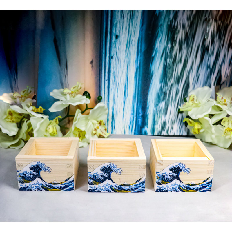 Ensemble de 3 grandes tasses à saké traditionnelles en forme de vague de Kanagawa Hokusai