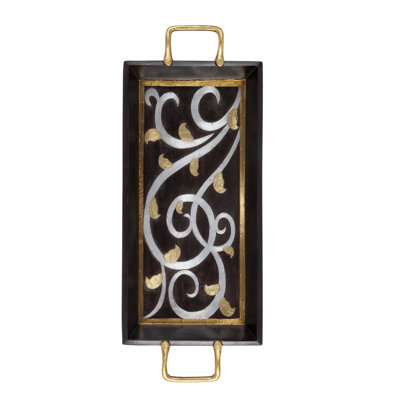 29-Inch Long Gold Leaf Rectangular Mango Wood Tray with Gold Handles