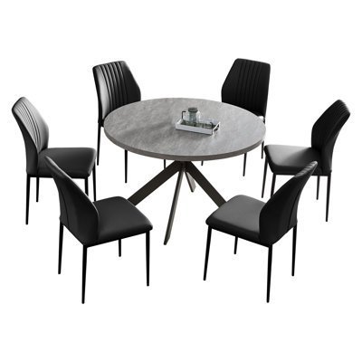 Cappelletti 46'' Round Dining Table Set, Modern Kitchen Table Set with 32.4"H Dining Chairs for 6 Person, Pedestal Steel Legs Dining Table Chairs Set, Saving Space