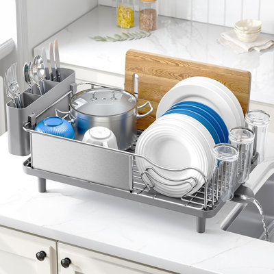 Égouttoir à vaisselle en acier inoxydable pour comptoir, antirouille, avec porte-ustensiles, grande capacité, gris.